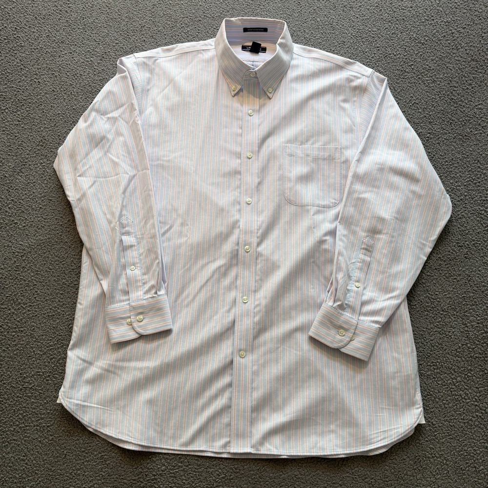 Lands' End No Iron Oxford Blue Pink Stripe Long Sleeve Button Up Mens 17-34
